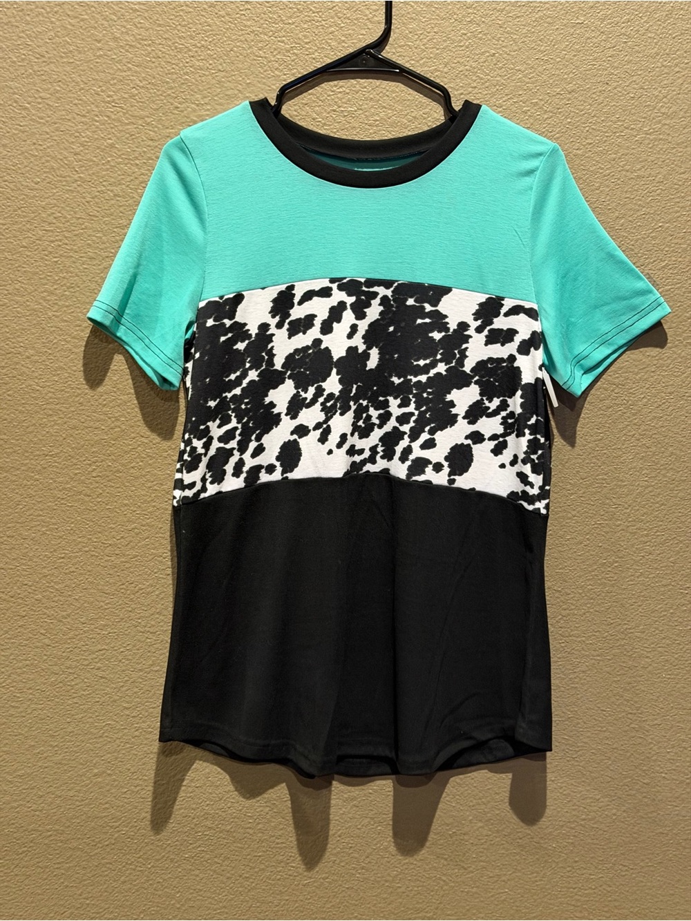 Crazy Train Mint, Black & White Cowprint Colorblock Short Sleeve Tee